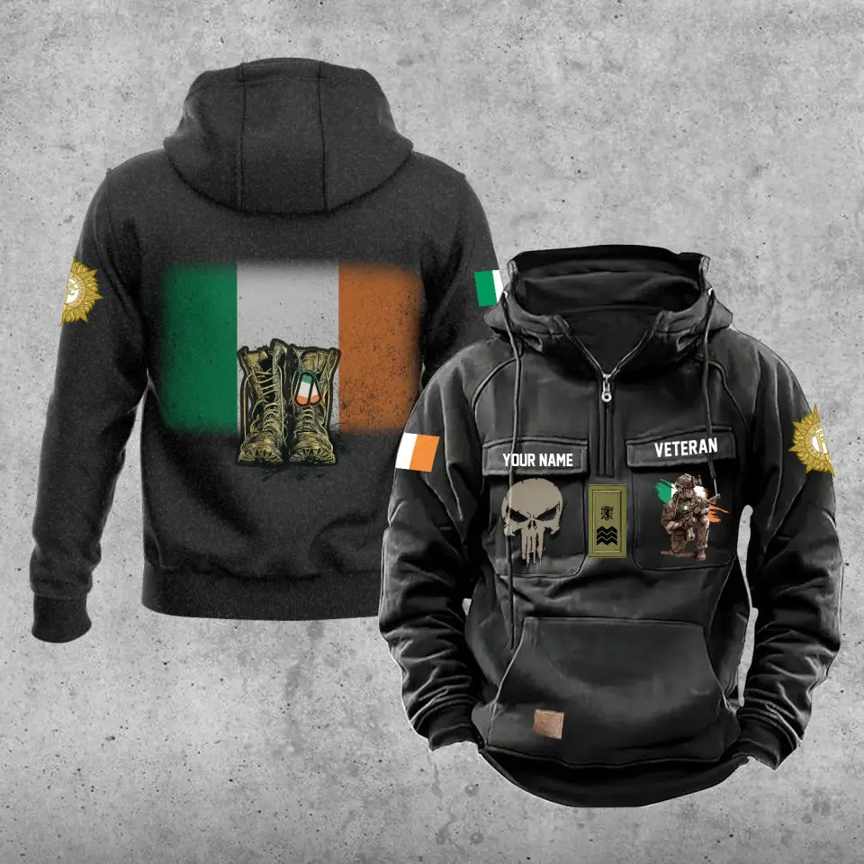 Sweat à capuche vintage personnalisé avec nom et grade de soldat/vétéran irlandais imprimé sur toute la surface - 17203968