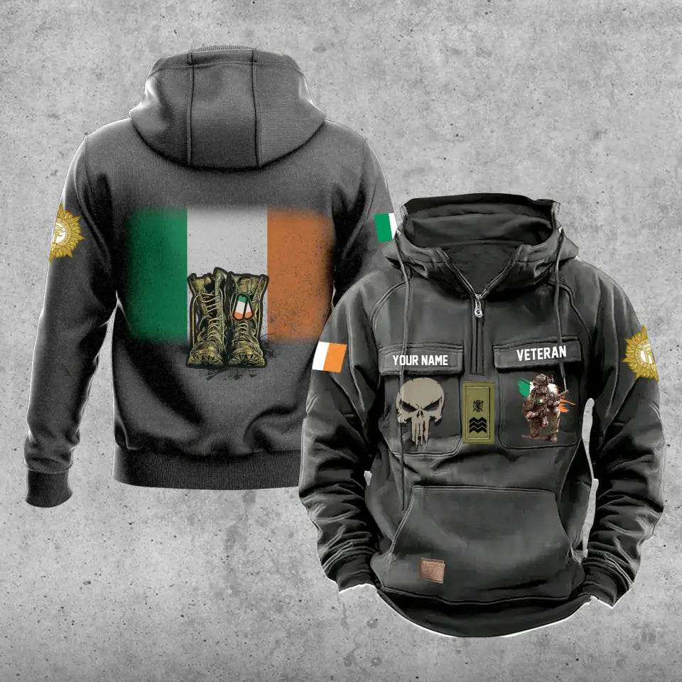 Sweat à capuche vintage personnalisé avec nom et grade de soldat/vétéran irlandais imprimé sur toute la surface - 17203968