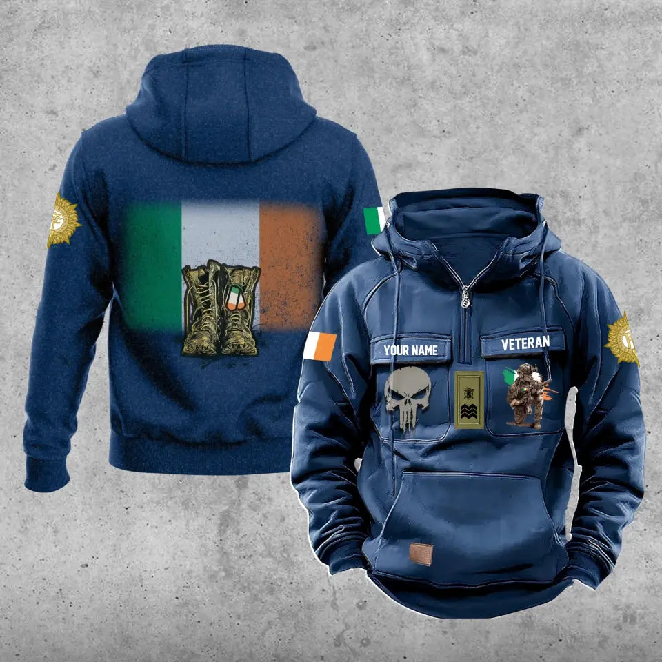 Personalisierter irischer Soldat/Veteran mit Rang und Namen, Vintage-Kapuzenpullover, komplett bedruckt – 17203968