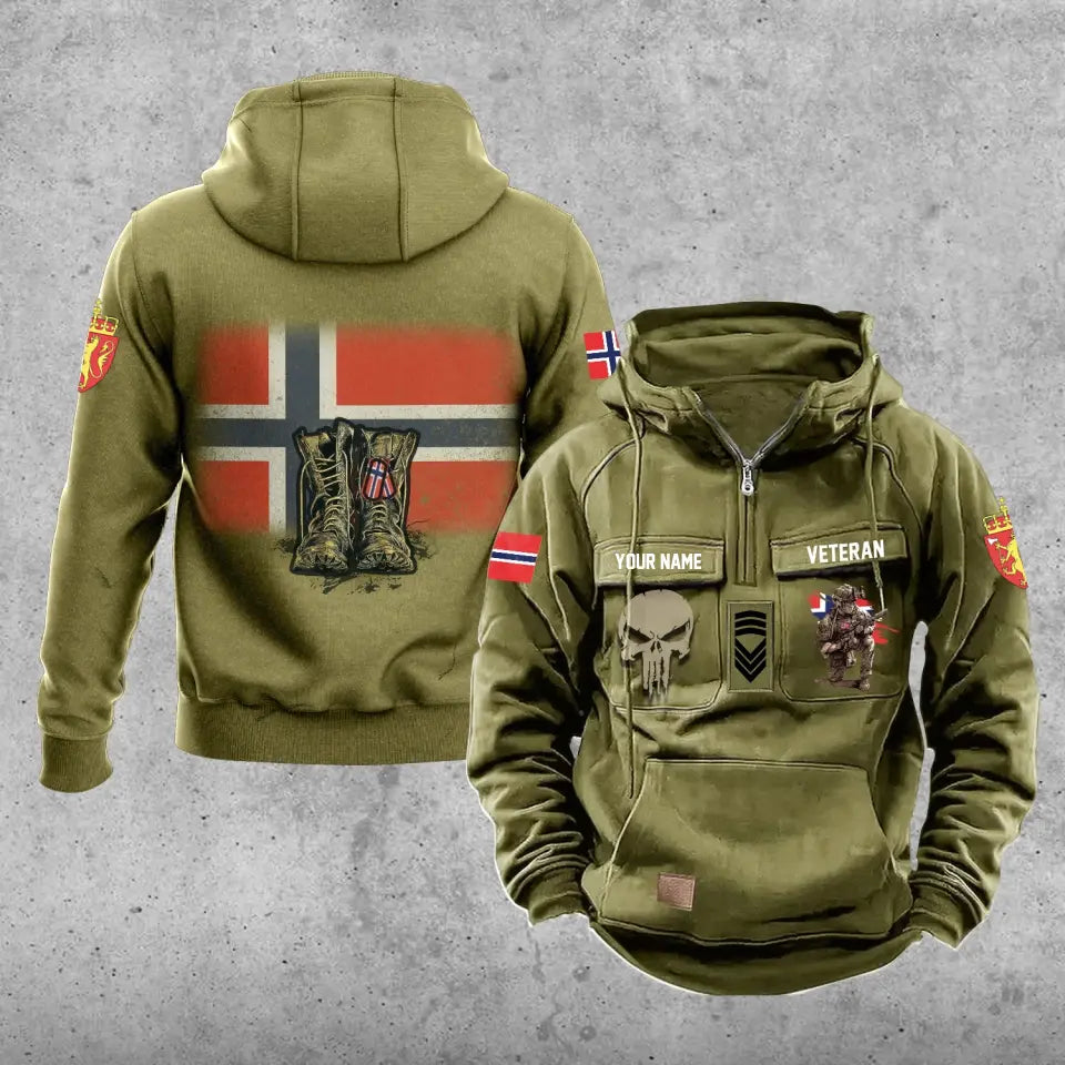 Personalisierter norwegischer Soldat/Veteran mit Rang und Namen, Vintage-Kapuzenpullover, komplett bedruckt – 17203968