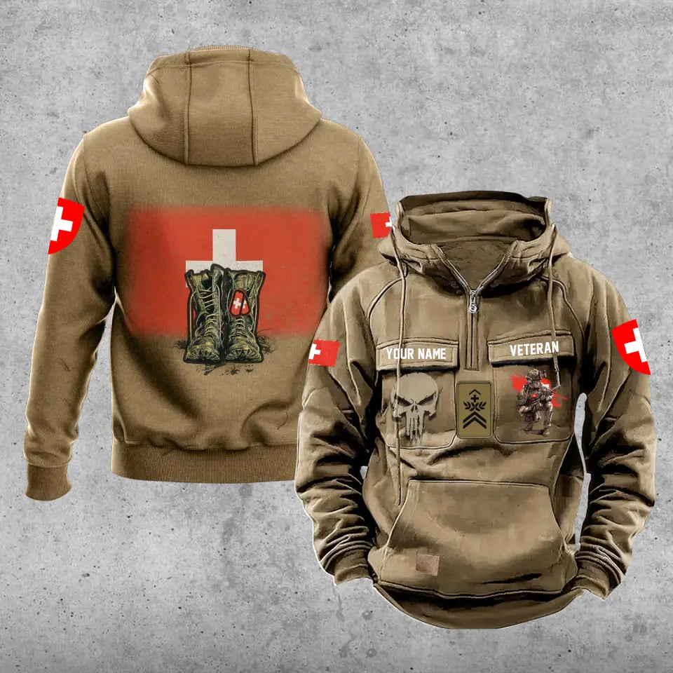 Personalisierter Schweizer Soldat/Veteran mit Rang und Namen, Vintage-Kapuzenpullover, komplett bedruckt – 17203968