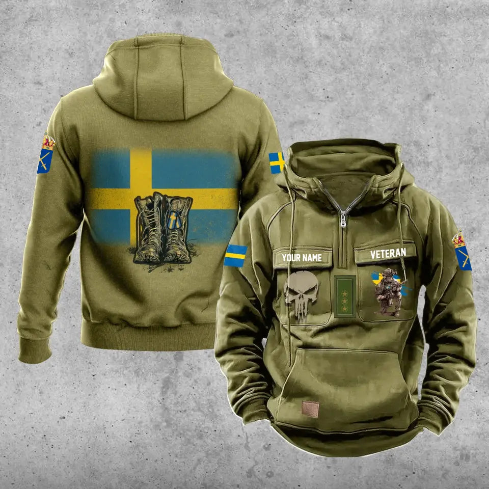 Personalisierter schwedischer Soldat/Veteran mit Rang und Namen, Vintage-Kapuzenpullover, komplett bedruckt – 17203968