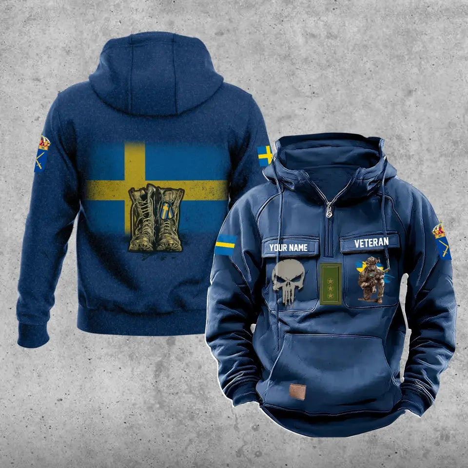 Personalisierter schwedischer Soldat/Veteran mit Rang und Namen, Vintage-Kapuzenpullover, komplett bedruckt – 17203968