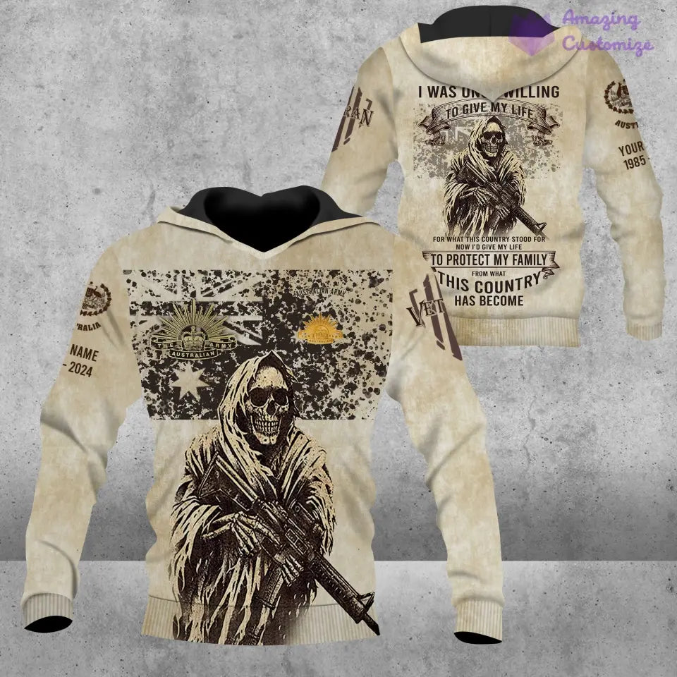 Sweat à capuche personnalisé avec motif camouflage soldat/vétéran australien, nom, année et grade, imprimé sur toute la surface - 17216064