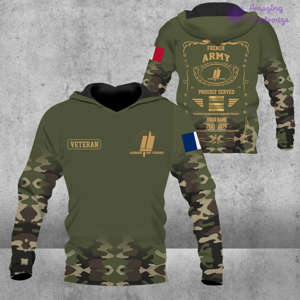 Sweat à capuche personnalisé avec camouflage soldat/vétéran de la France avec nom, année et grade imprimés sur toute la surface - 1721606402