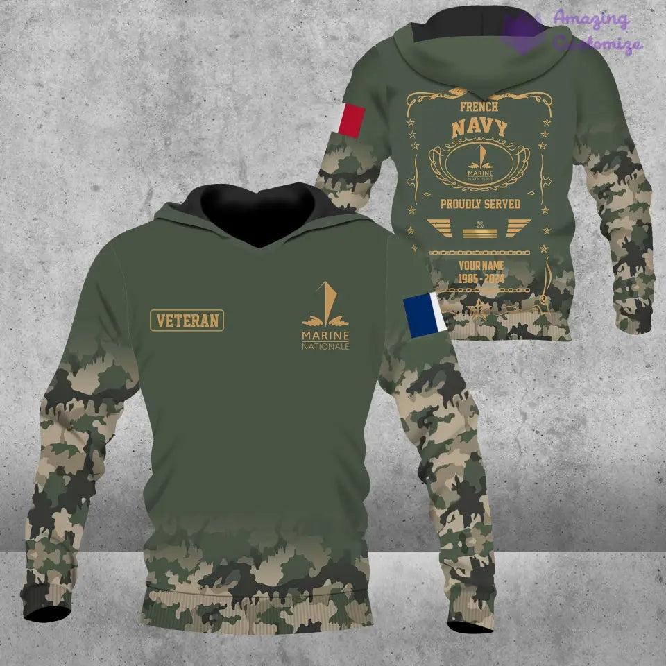 Sweat à capuche personnalisé avec camouflage soldat/vétéran de la France avec nom, année et grade imprimés sur toute la surface - 1721606402