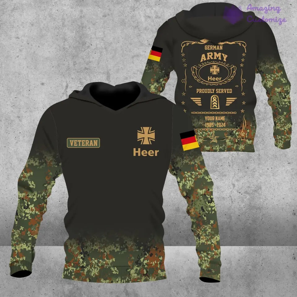 Personalisierter Kapuzenpullover mit Camouflage-Muster für deutsche Soldaten/Veteranen mit Namen, Jahr und Rang, komplett bedruckt – 1721606402