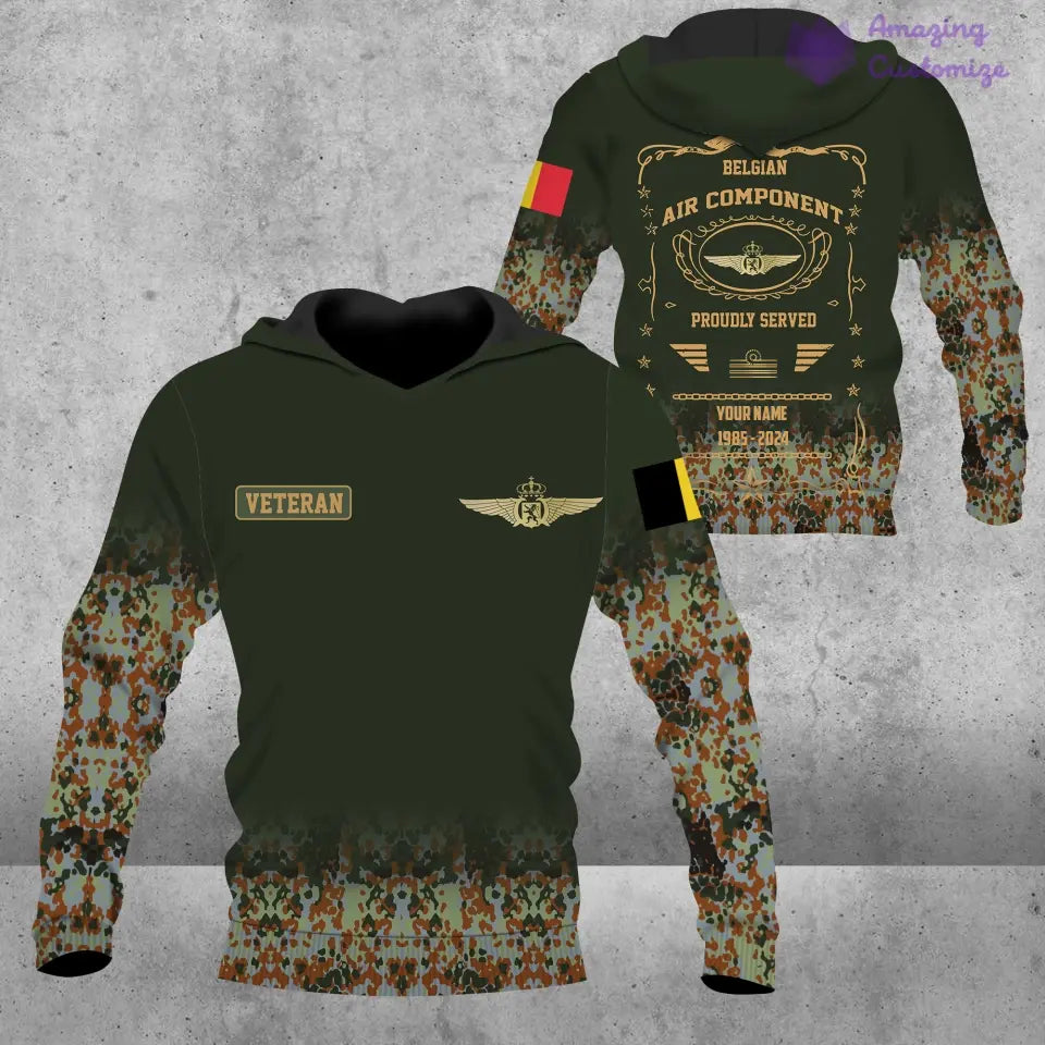 Personalisierter Kapuzenpullover mit Camouflage-Muster für belgische Soldaten/Veteranen mit Namen, Jahr und Rang, komplett bedruckt – 1721606402