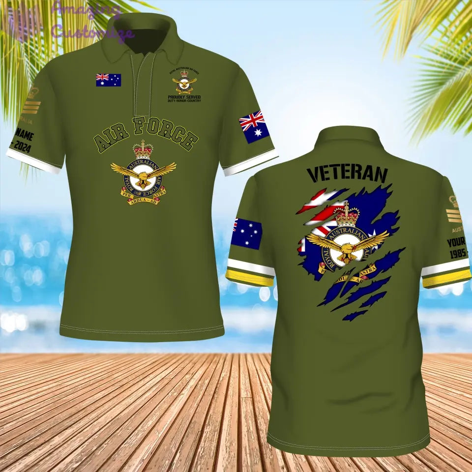 Polo personnalisé avec camouflage soldat/vétéran australien et nom, année et grade imprimés sur toute la surface - 1721865602