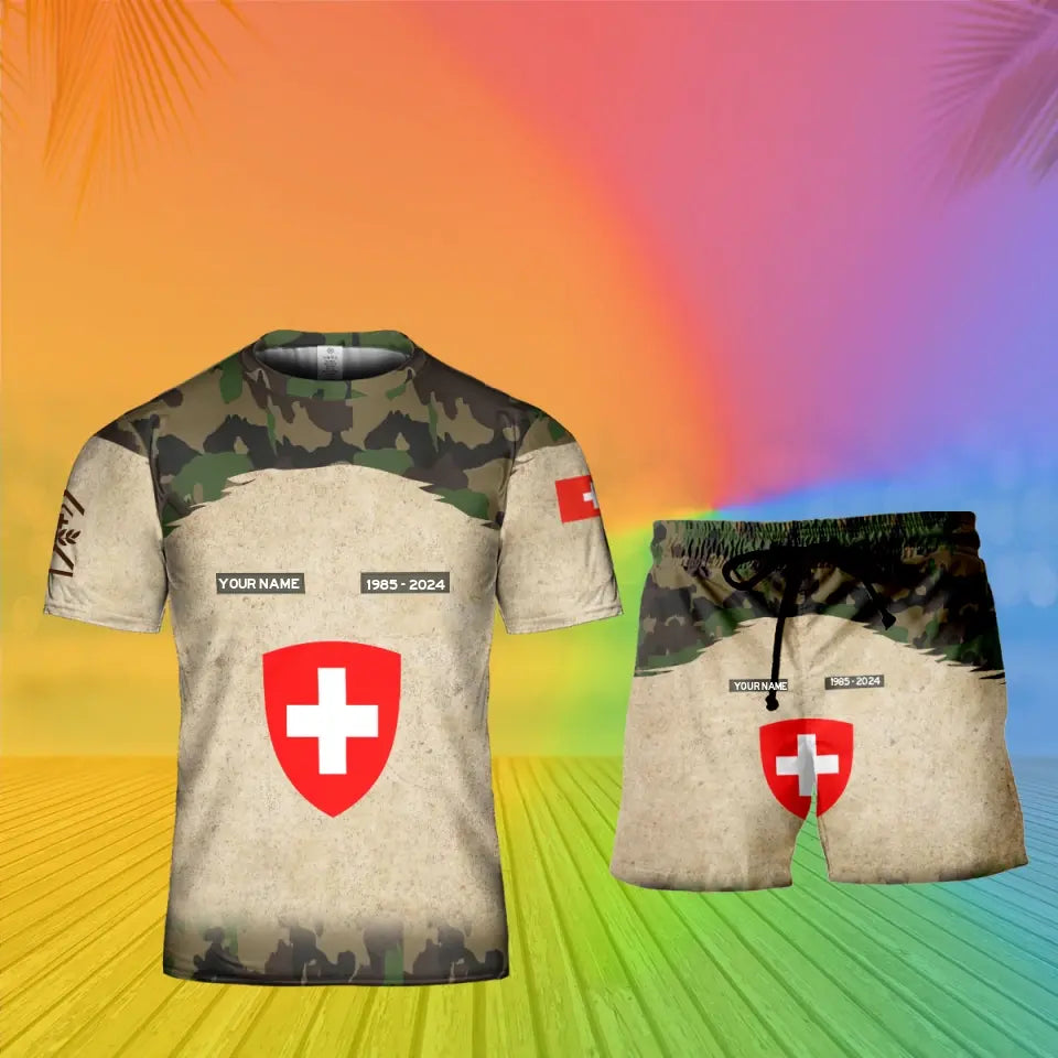 Personalisiertes Schweizer Soldat/Veteranen-Tarnmuster mit Namen, Jahr und Rang, Kombi-T-Shirt + Short, 3D-Druck – 17200512