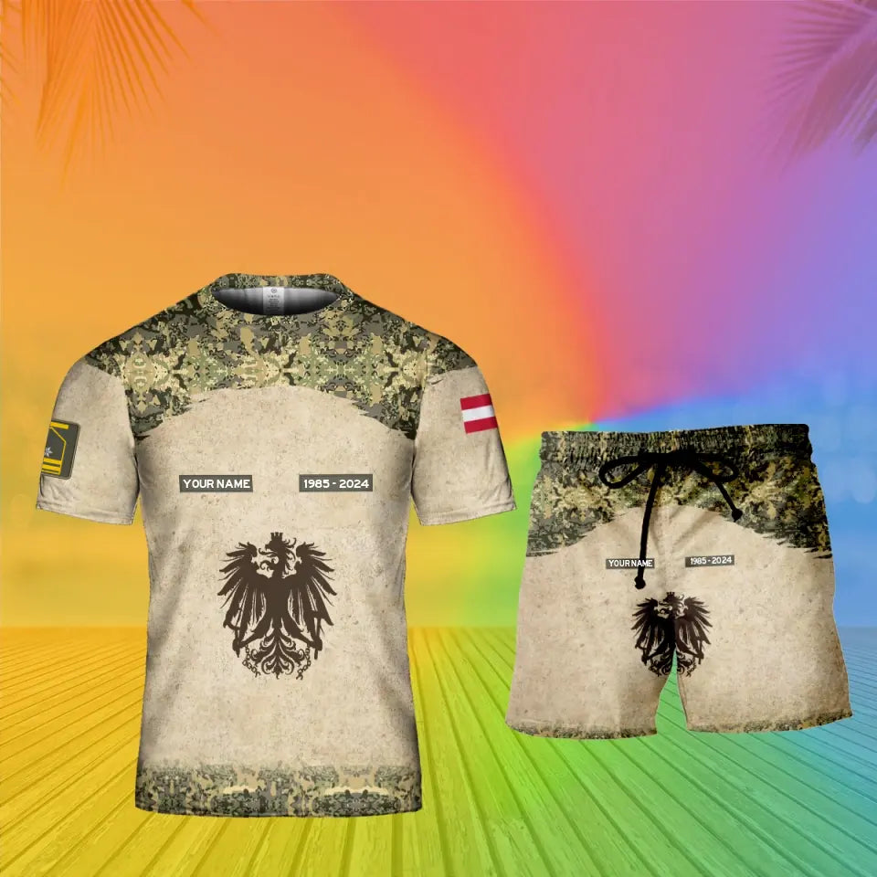 Personalisiertes österreichisches Soldaten-/Veteranen-Tarnmuster mit Namen, Jahr und Rang, Kombi-T-Shirt + Short, 3D-Druck – 17200512