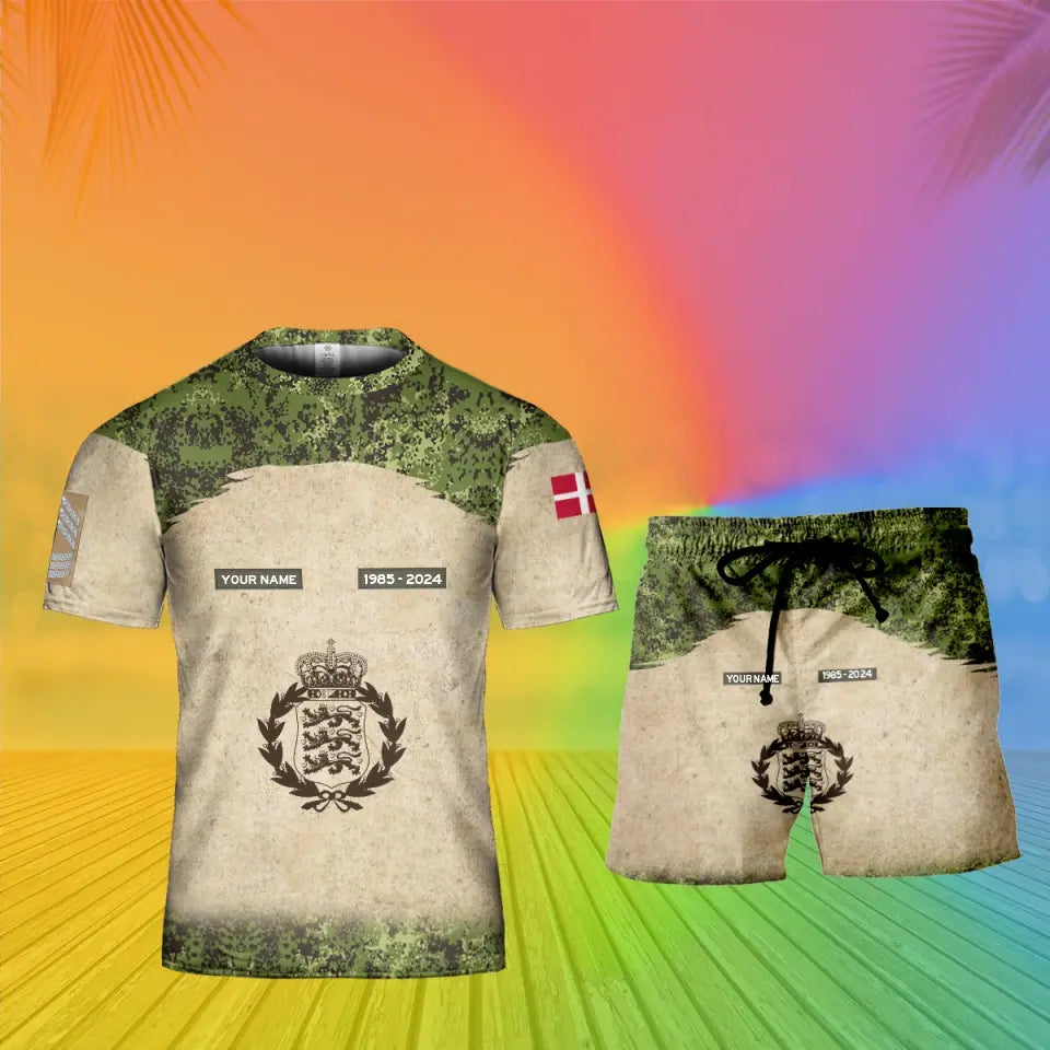 T-shirt personnalisé avec camouflage soldat/vétéran du Danemark avec nom, année et grade + short imprimé en 3D - 17200512