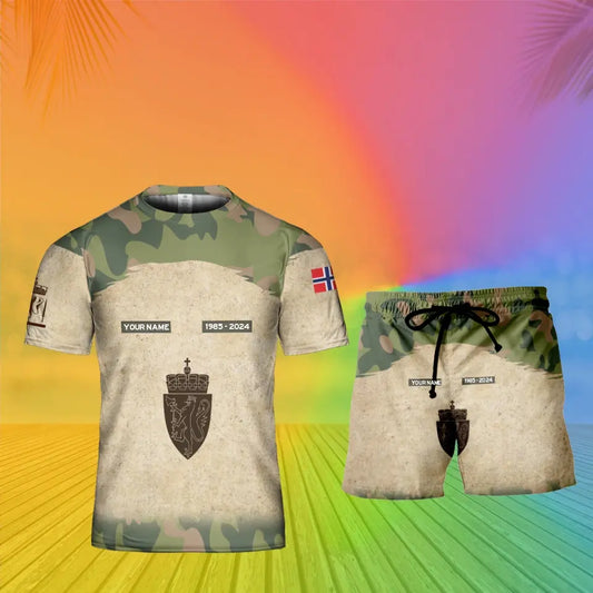 T-shirt personnalisé avec camouflage soldat/vétéran norvégien avec nom, année et grade + short imprimé en 3D - 17200512