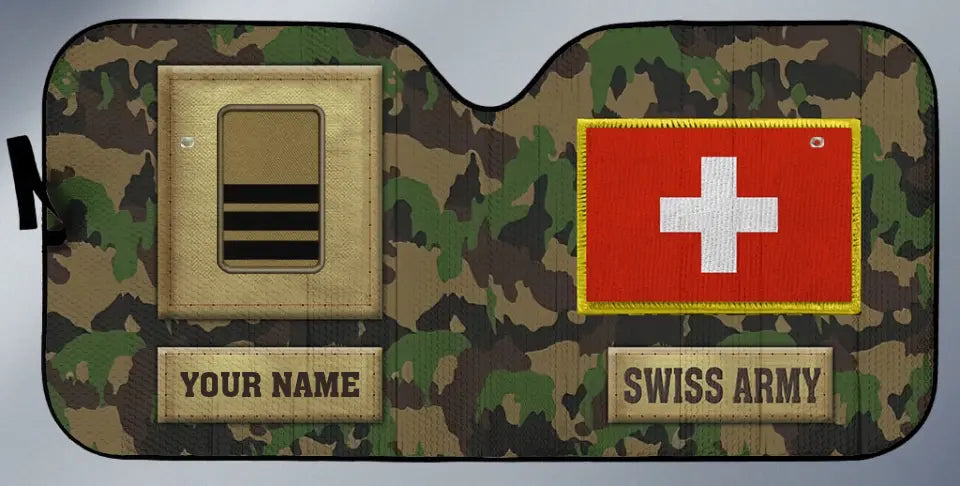 Pare-soleil de voiture personnalisé avec camouflage soldat/vétéran suisse avec nom et grade - 17230752