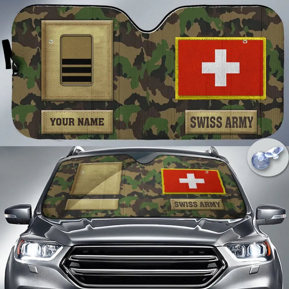 Pare-soleil de voiture personnalisé avec camouflage soldat/vétéran suisse avec nom et grade - 17230752