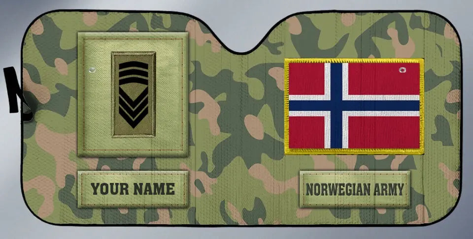 Personalisierter automatischer Sonnenschutz für norwegische Soldaten/Veteranen im Camouflage-Muster mit Namen und Rang – 17230752