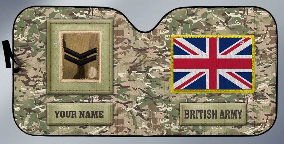 Personalisierter automatischer Sonnenschutz im Tarnmuster für britische Soldaten/Veteranen mit Namen und Rang – 17230752