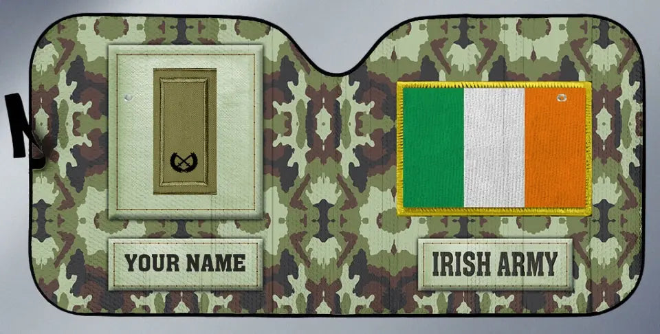 Pare-soleil de voiture personnalisé avec camouflage soldat/vétéran irlandais avec nom et grade - 17230752