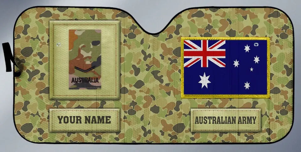 Personalisierter automatischer Sonnenschutz im Tarnmuster für australische Soldaten/Veteranen mit Namen und Rang – 17230752