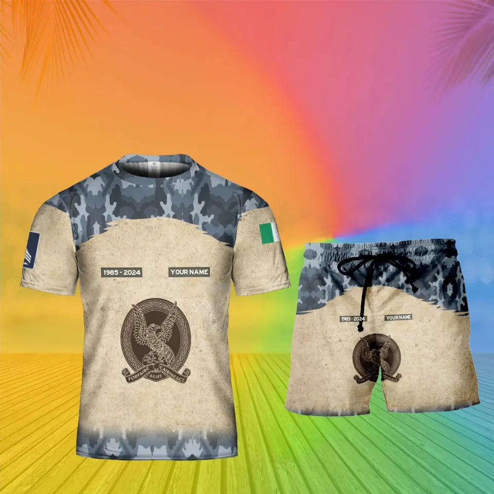 Personalisiertes irisches Soldaten-/Veteranen-Tarnmuster mit Namen, Jahr und Rang, Kombi-T-Shirt + Short, 3D-Druck – 17200512