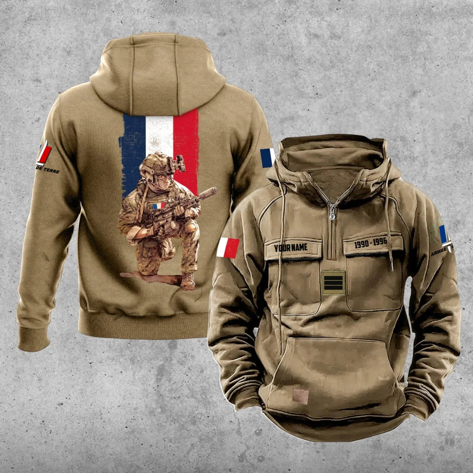 Personalisierter Vintage-Kapuzenpullover mit französischem Soldaten-/Veteranen-Print – 27062401QA