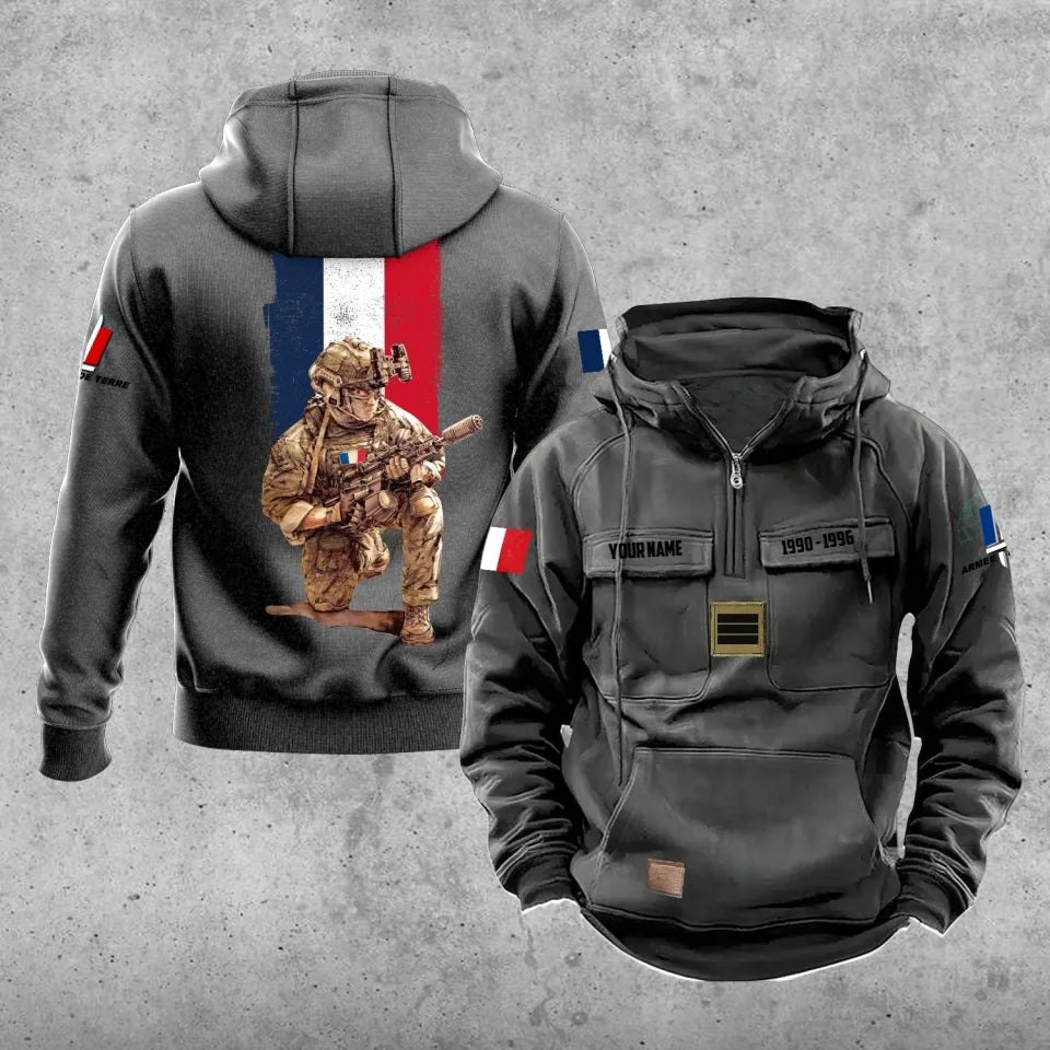 Sweat à capuche vintage personnalisé soldat/vétéran de la France imprimé sur toute la surface - 27062401QA