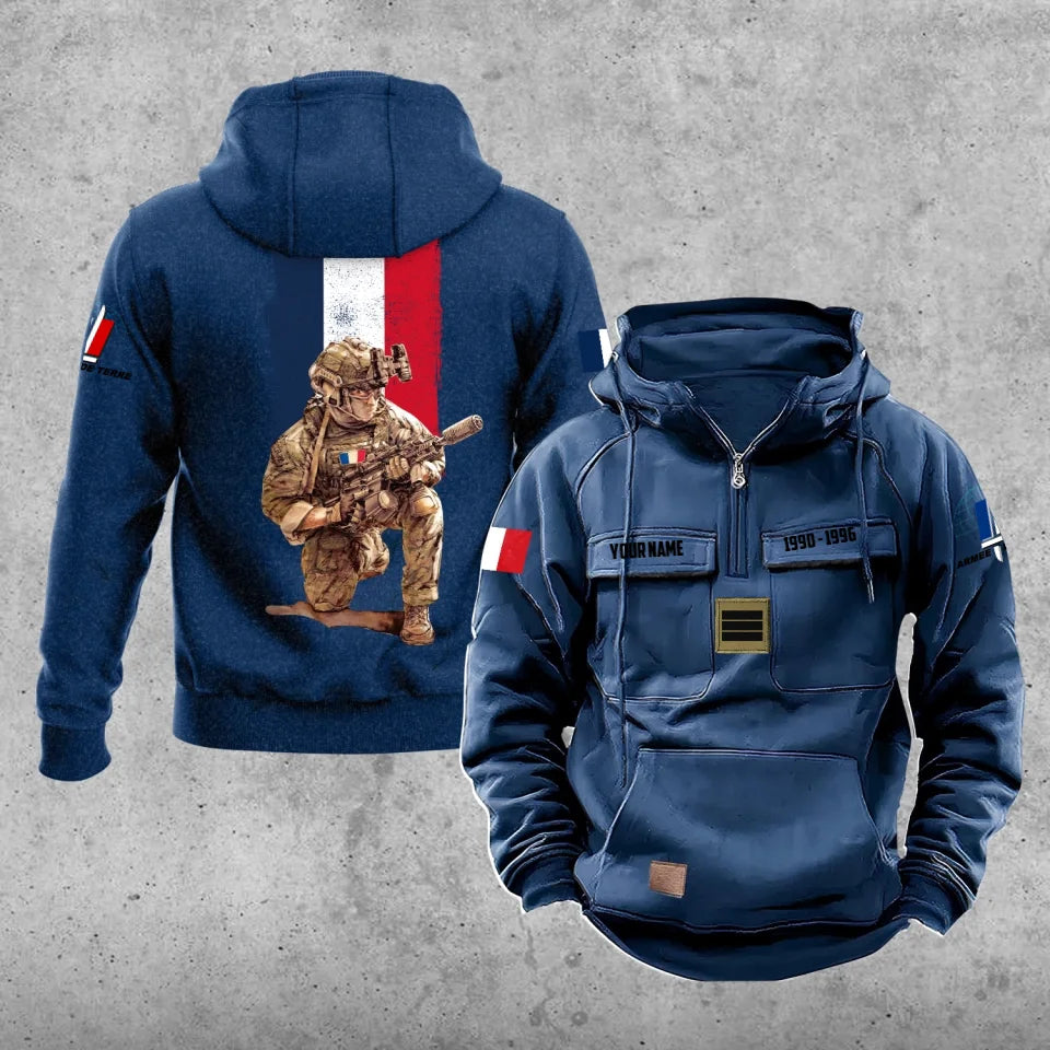 Sweat à capuche vintage personnalisé soldat/vétéran de la France imprimé sur toute la surface - 27062401QA