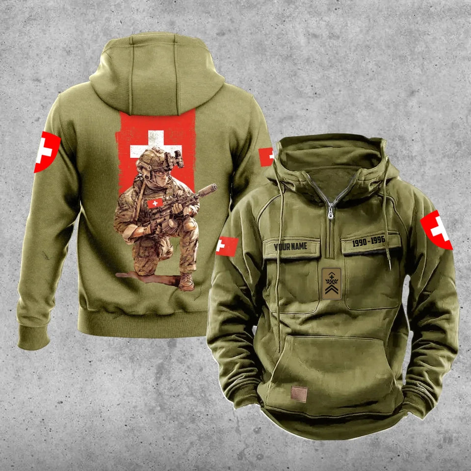 Sweat à capuche vintage personnalisé soldat/vétéran suisse imprimé sur toute la surface - 27062401QA