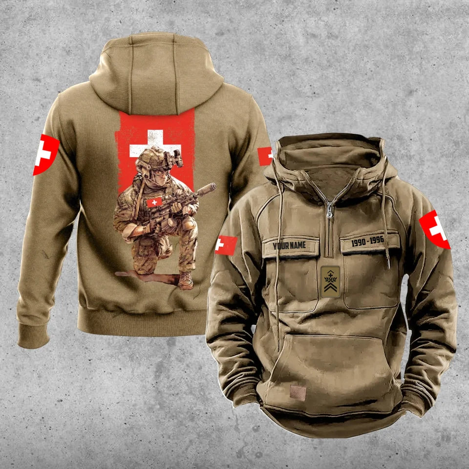 Sweat à capuche vintage personnalisé soldat/vétéran suisse imprimé sur toute la surface - 27062401QA