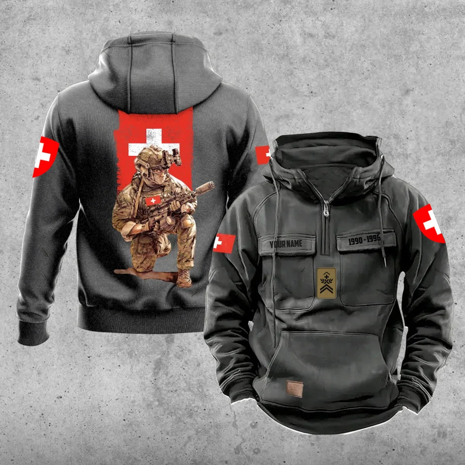 Sweat à capuche vintage personnalisé soldat/vétéran suisse imprimé sur toute la surface - 27062401QA