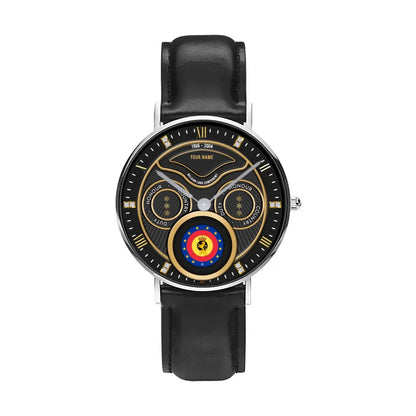 Personalized Belgium Soldier/ Veteran With Name, Rank and Year Black Stitched Leather Watch - 17286660 - Gold Version