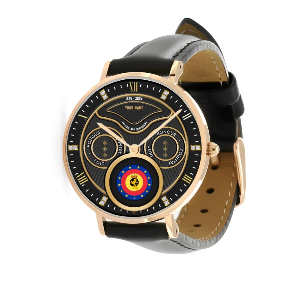 Personalized Belgium Soldier/ Veteran With Name, Rank and Year Black Stitched Leather Watch - 17286660 - Gold Version