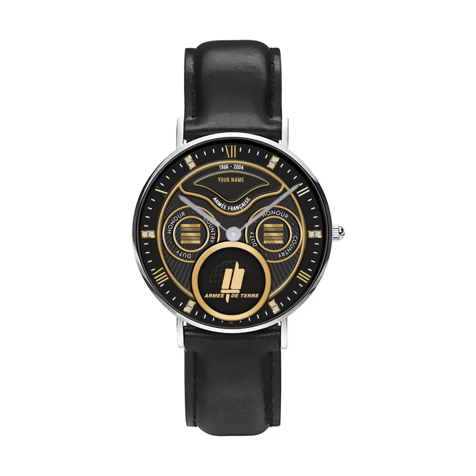 Personalized France Soldier/ Veteran With Name, Rank and Year Black Stitched Leather Watch - 17286660 - Gold Version