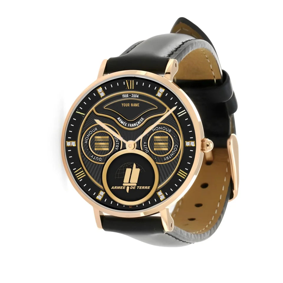 Personalized France Soldier/ Veteran With Name, Rank and Year Black Stitched Leather Watch - 17286660 - Gold Version