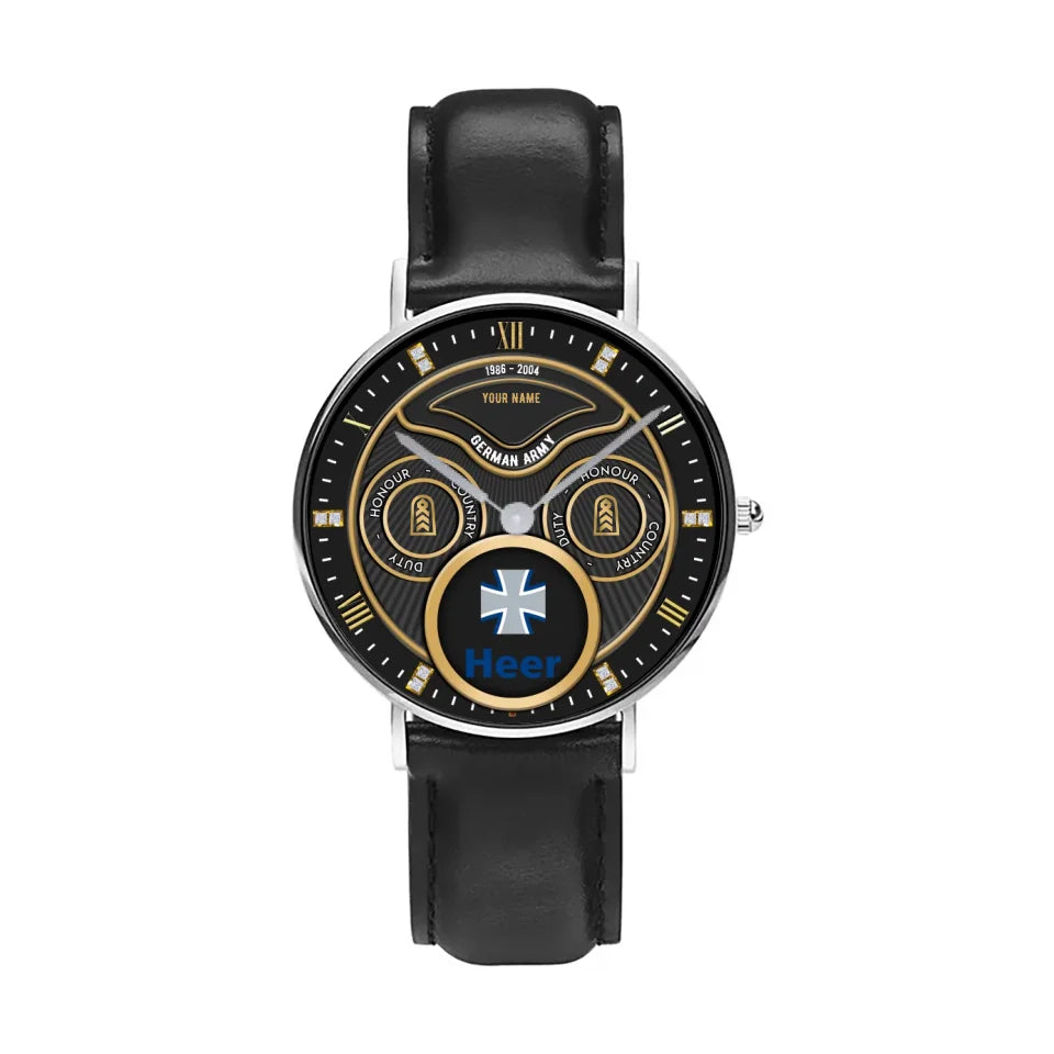 Personalized Germany Soldier/ Veteran With Name, Rank and Year Black Stitched Leather Watch - 17286660 - Gold Version