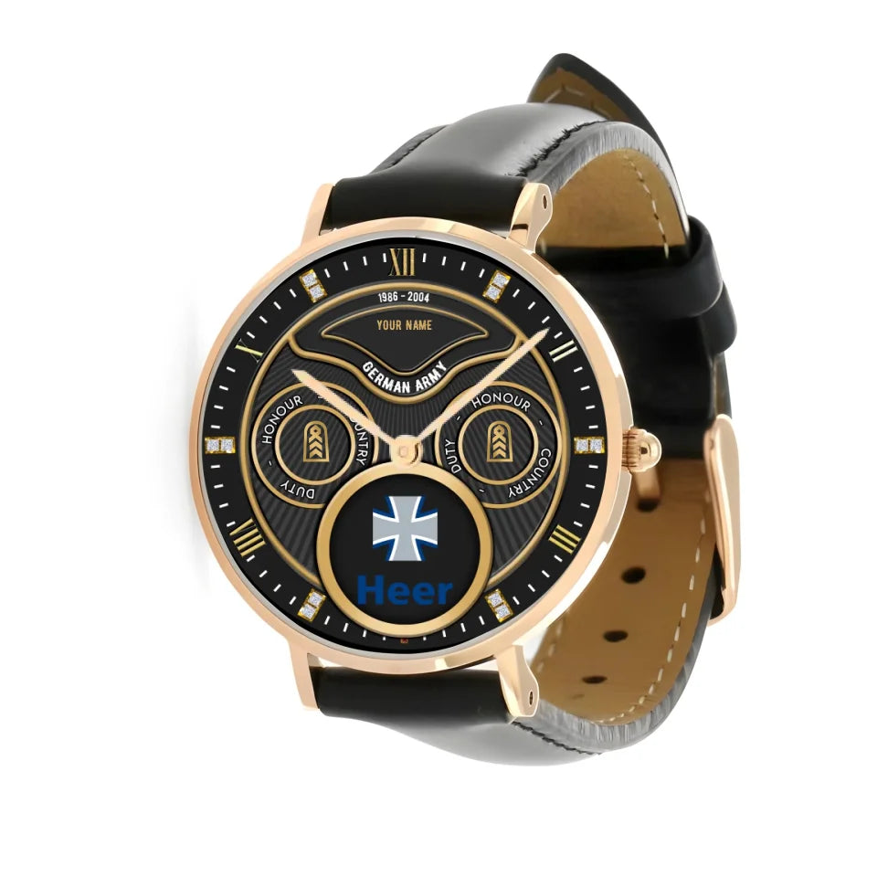 Personalized Germany Soldier/ Veteran With Name, Rank and Year Black Stitched Leather Watch - 17286660 - Gold Version