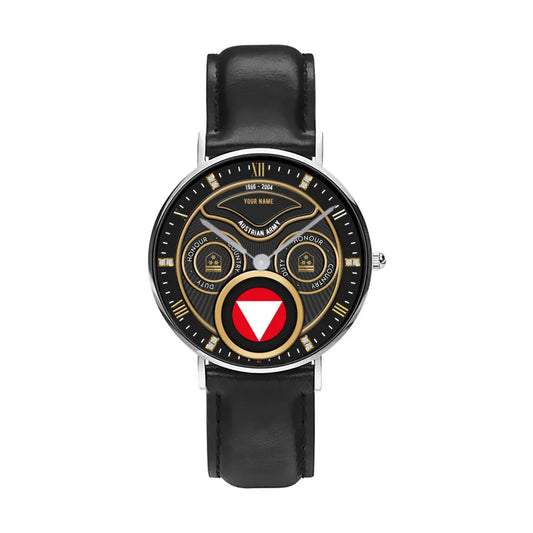 Personalized Austria Soldier/ Veteran With Name, Rank and Year Black Stitched Leather Watch - 17286660 - Gold Version