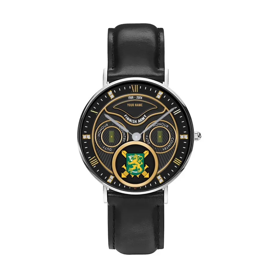 Personalized Finland Soldier/ Veteran With Name, Rank and Year Black Stitched Leather Watch - 17286660 - Gold Version