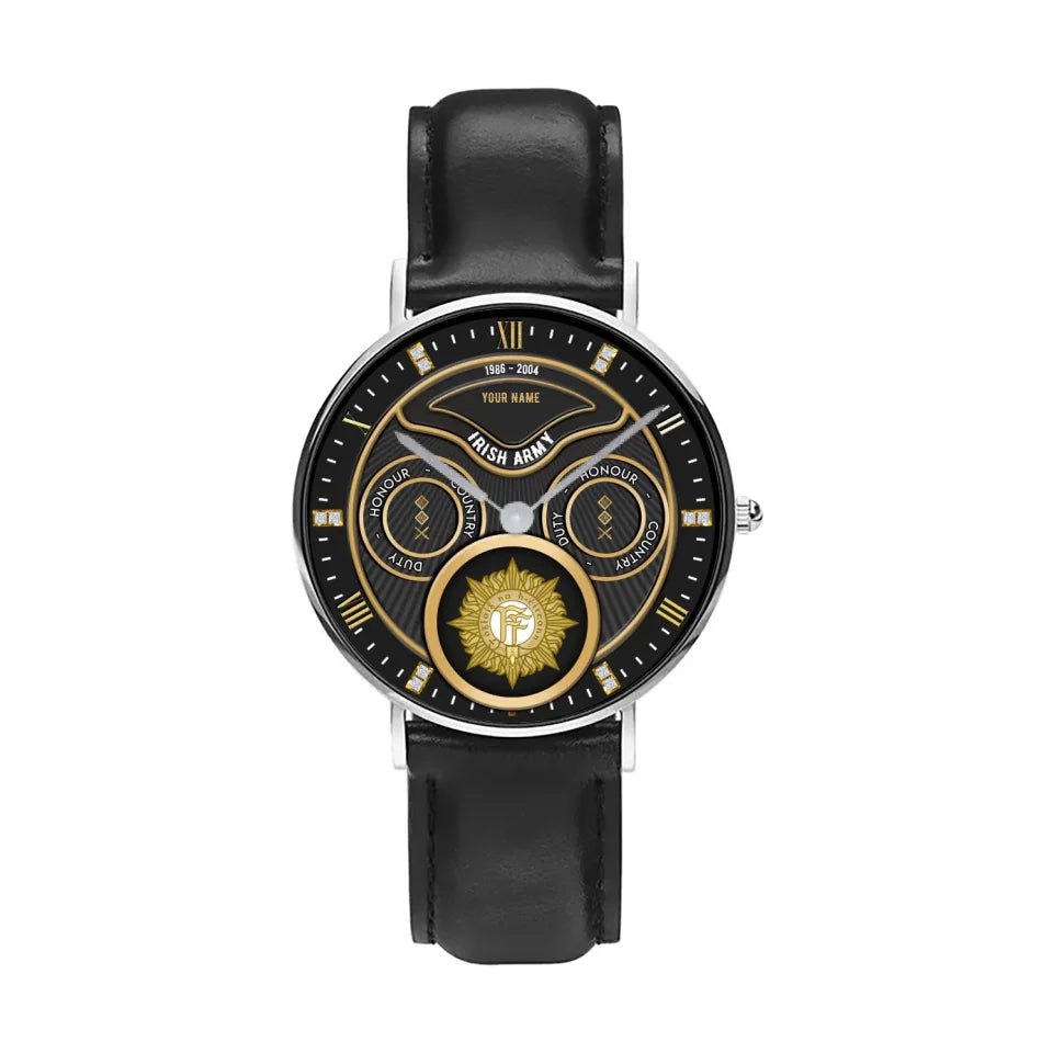 Personalized Ireland Soldier/ Veteran With Name, Rank and Year Black Stitched Leather Watch - 17286660 - Gold Version