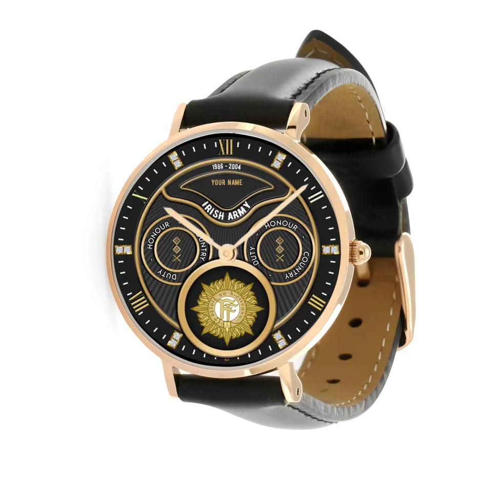 Personalized Ireland Soldier/ Veteran With Name, Rank and Year Black Stitched Leather Watch - 17286660 - Gold Version