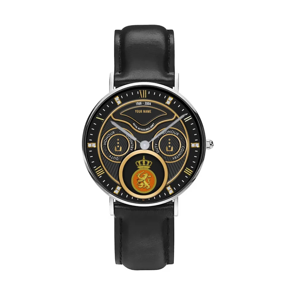 Personalized Netherlands Soldier/ Veteran With Name, Rank and Year Black Stitched Leather Watch - 17286660 - Gold Version