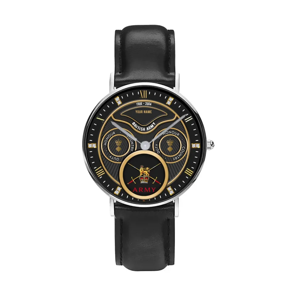 Personalized UK Soldier/ Veteran With Name, Rank and Year Black Stitched Leather Watch - 17286660 - Gold Version