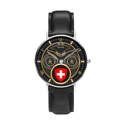 Personalized Swiss Soldier/ Veteran With Name, Rank and Year Black Stitched Leather Watch - 17286660 - Gold Version