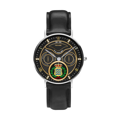 Personalized Denmark Soldier/ Veteran With Name, Rank and Year Black Stitched Leather Watch - 17286660 - Gold Version