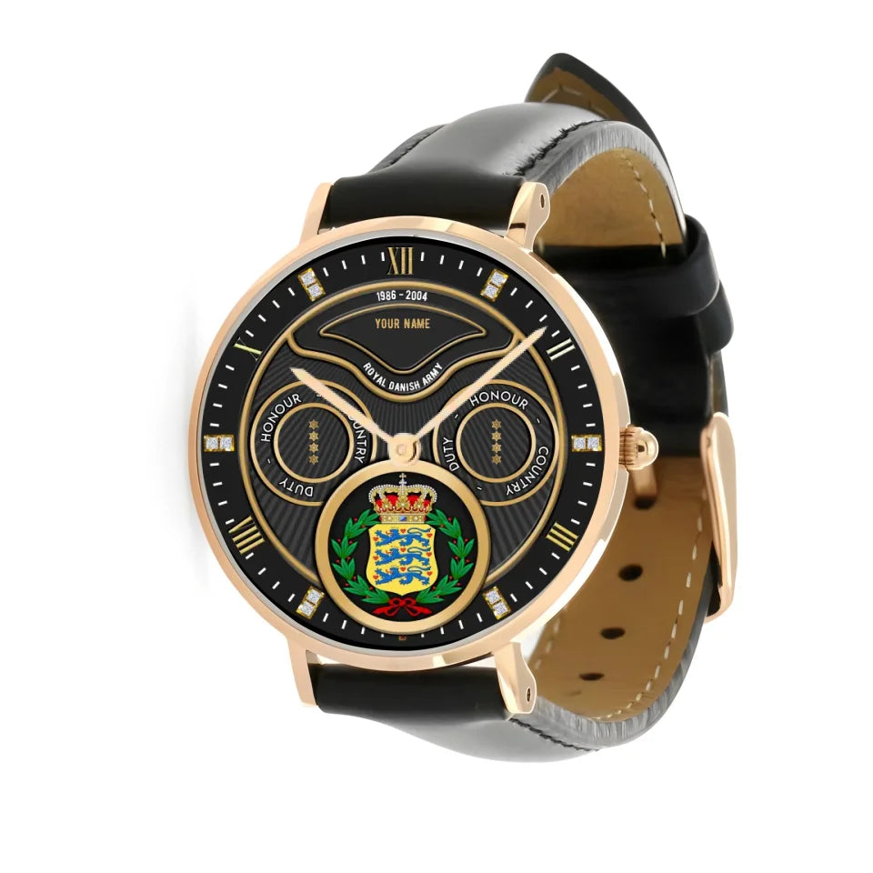 Personalized Denmark Soldier/ Veteran With Name, Rank and Year Black Stitched Leather Watch - 17286660 - Gold Version