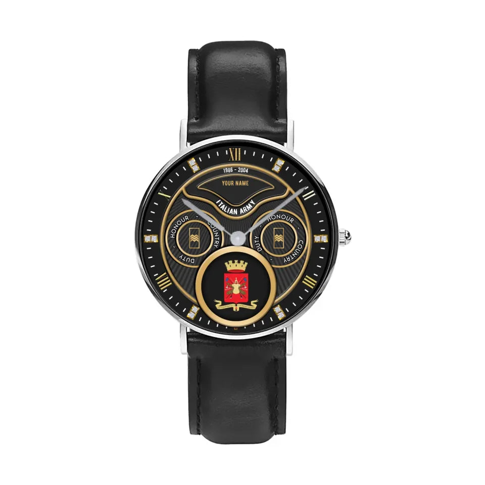 Personalized Italy Soldier/ Veteran With Name, Rank and Year Black Stitched Leather Watch - 17286660 - Gold Version