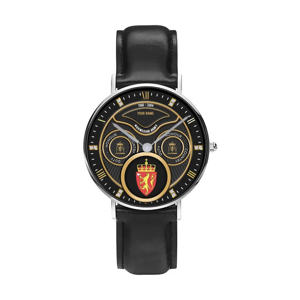 Personalized Norway Soldier/ Veteran With Name, Rank and Year Black Stitched Leather Watch - 17286660 - Gold Version