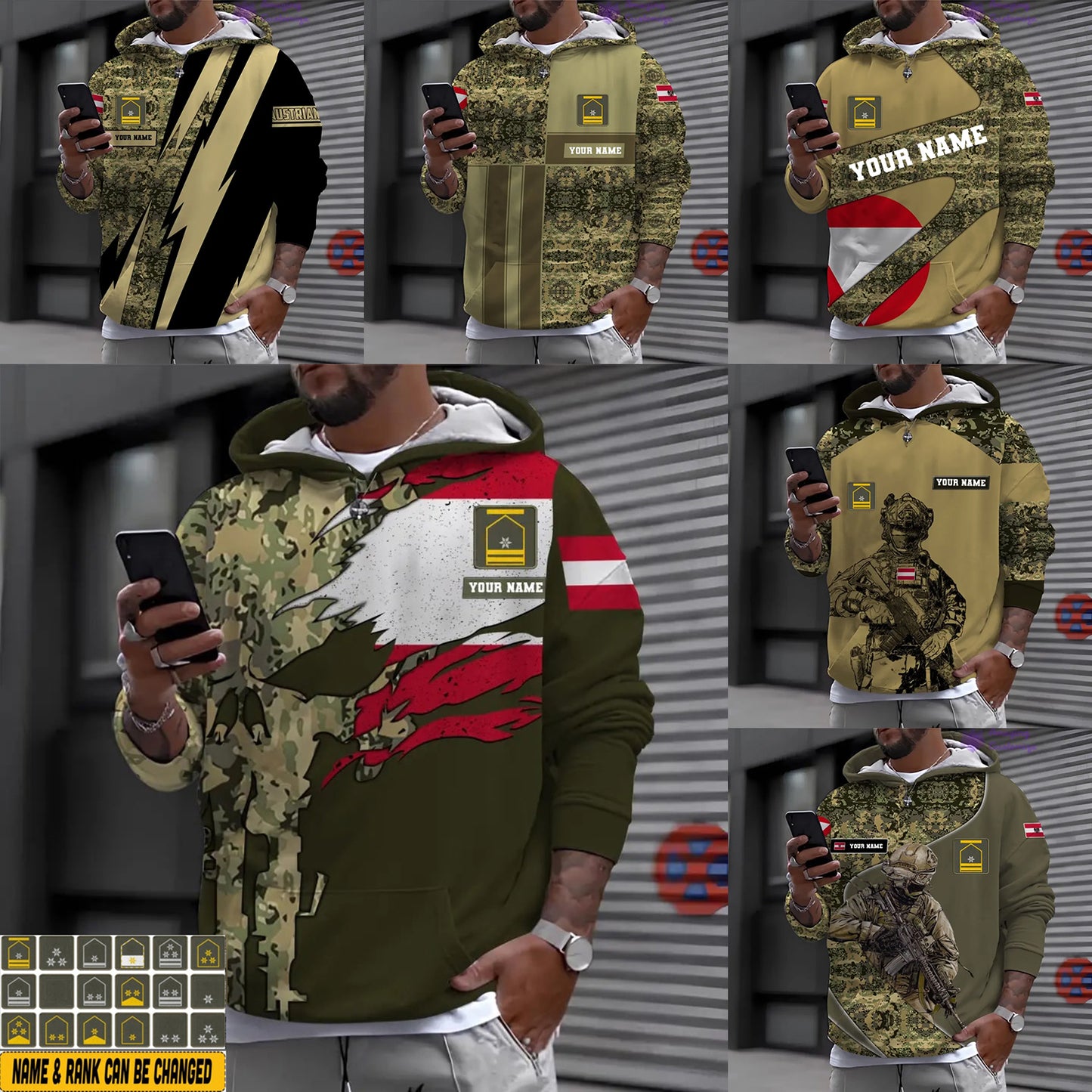 Sweat à capuche personnalisé avec camouflage soldat/vétéran autrichien avec nom et grade imprimé en 3D - 1212230001