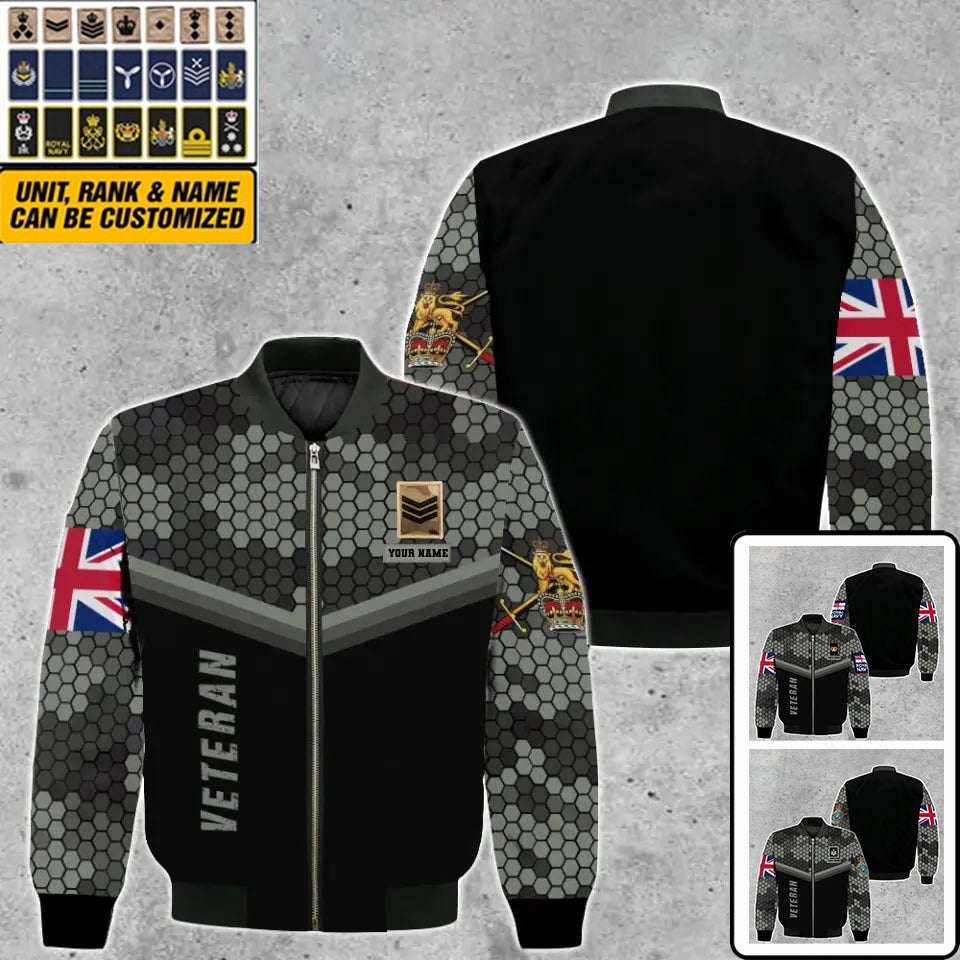 Personalisierte Bomberjacke mit Camouflage-Muster für britische Soldaten/Veteranen mit Namen und Rang, 3D-Druck – 2010230005