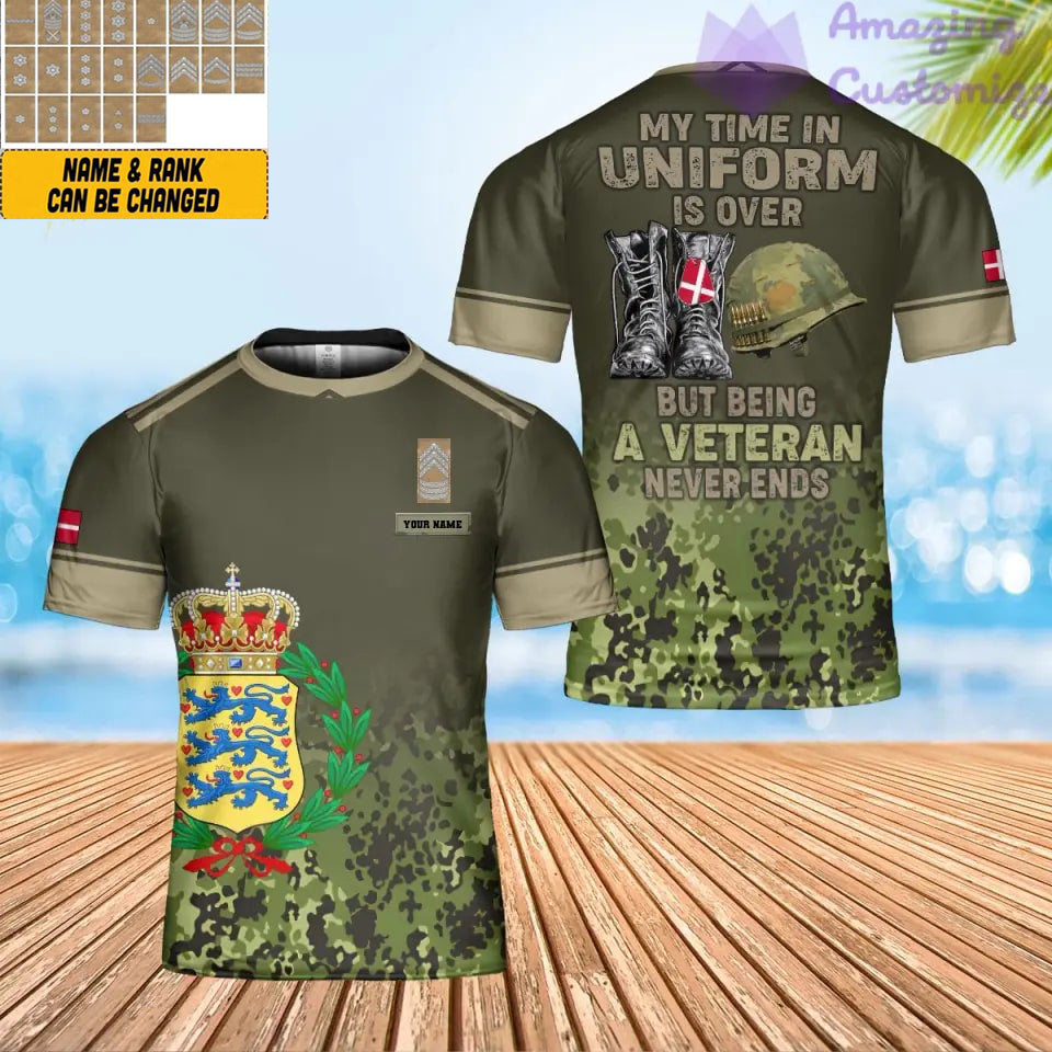 T-shirt personnalisé avec camouflage soldat/vétéran du Danemark avec nom et grade imprimé en 3D - 0402240001